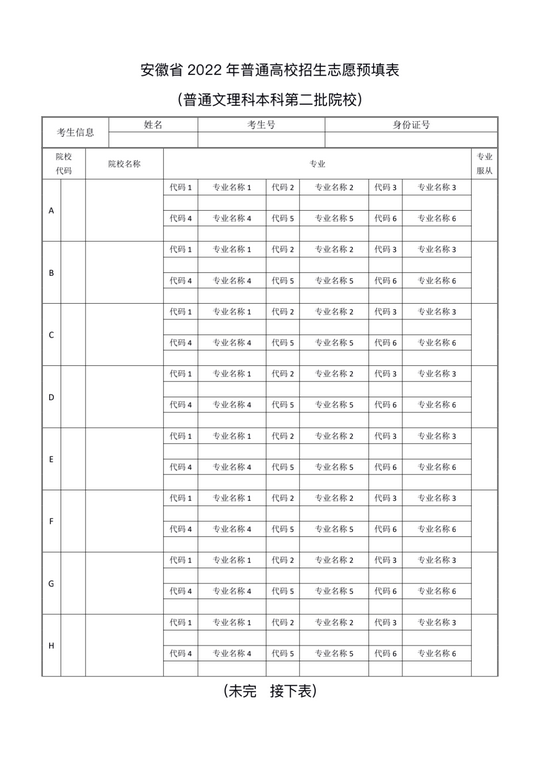 必读-安徽省2022年普通高校招生各批次志愿预填表,安徽2021普通高校招生志愿预填表